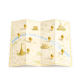 Illustration of an unfolded city map with golden location pins marking landmarks, including the Eiffel Tower, Arc de Triomphe, Notre-Dame Cathedral, and Sacré-Cœur Basilica.
