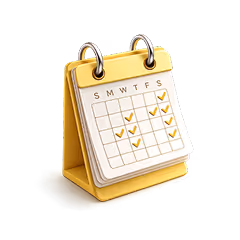 Yellow desktop flip calendar displaying a weekly grid with check marks on several days.
