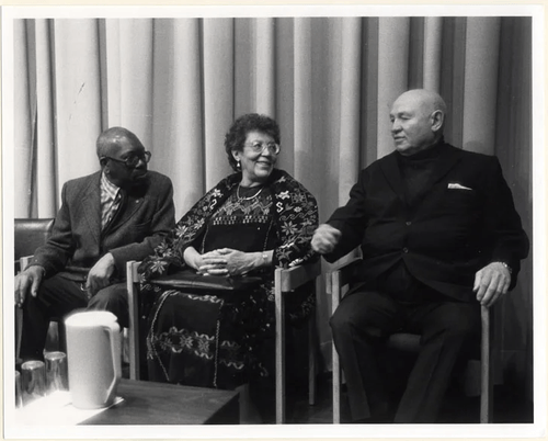 Left to right - Jacob Lawrence, Elizabeth Catlett, and Romare Bearden