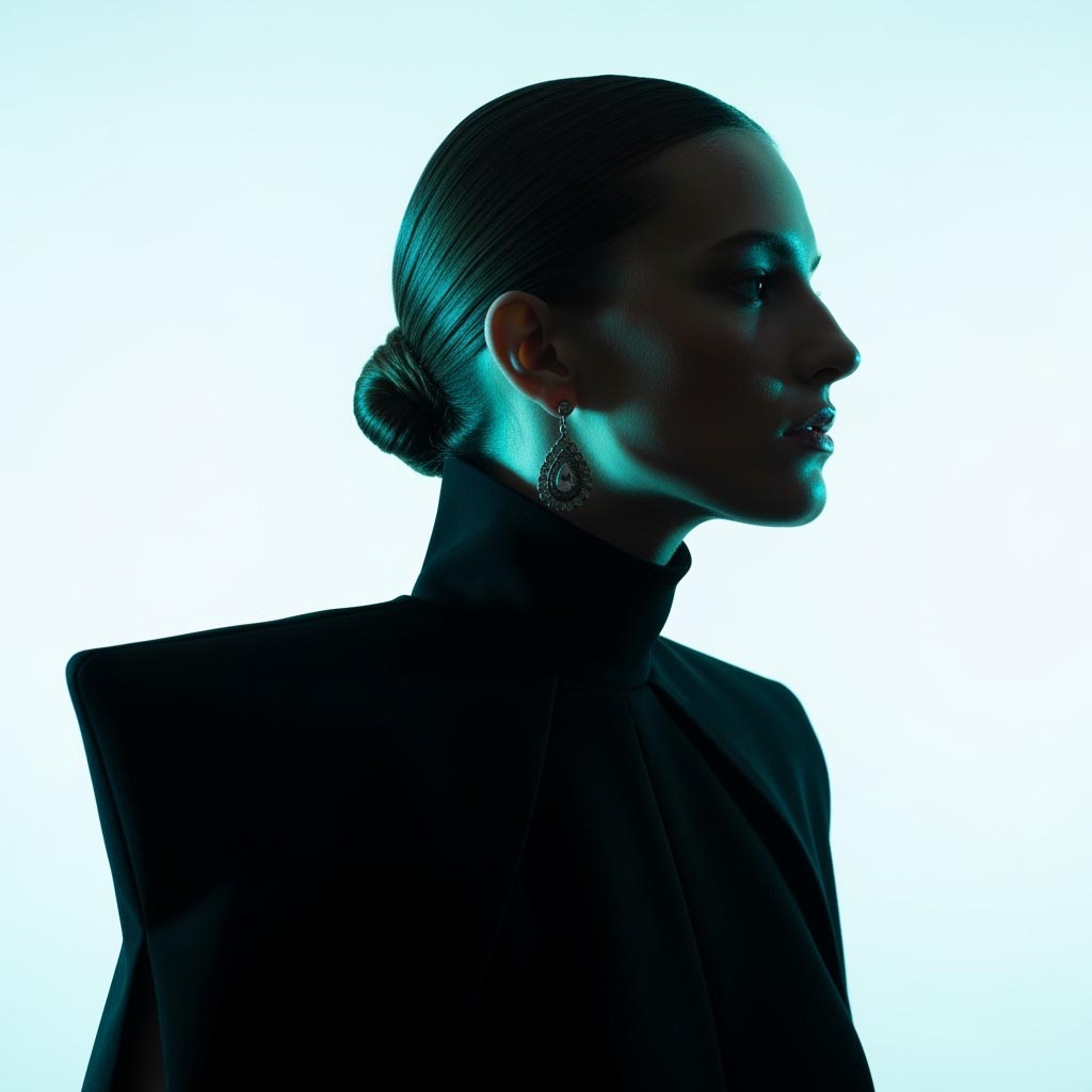  A woman in profile, wearing a black high-collared garment and an ornate drop earring, dramatically lit with blue and green hues against a light background. Her hair is pulled back into a sleek bun.