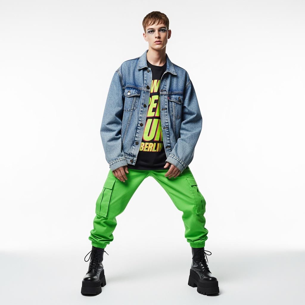 Discover bold streetwear fashion featuring neon green cargo pants, a graphic tee, and an oversized denim jacket. Styled with platform boots for a powerful, modern edge.

