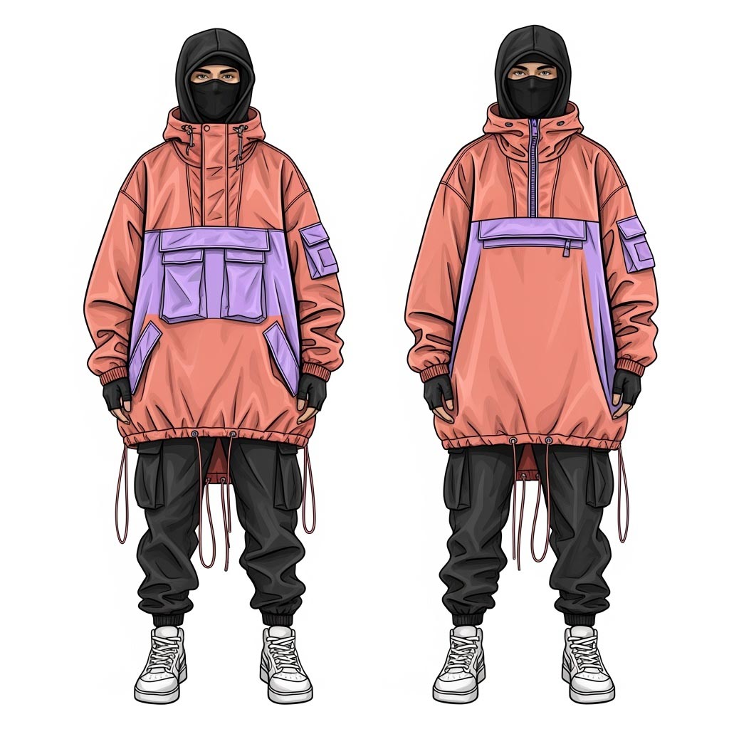 Two stylized figures wearing identical oversized salmon-pink and lavender anorak jackets, black cargo pants with cords, black balaclavas, and white high-top sneakers. Both figures have only their eyes visible.