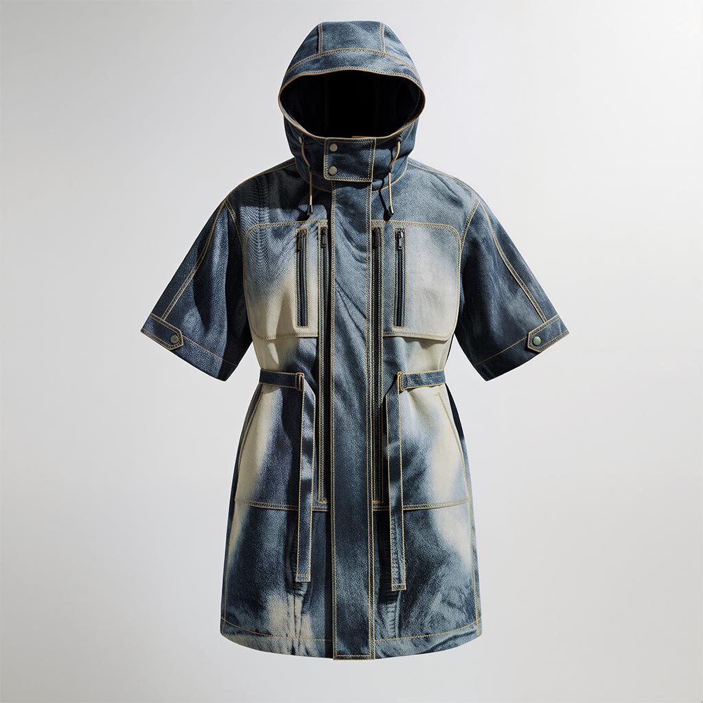 This image displays a modern short-sleeve hooded parka jacket made from denim fabric with a bleached, tie-dye wash effect. The design includes a structured hood with drawcords, front zipper closure, dual vertical chest zip pockets, and waist cinch straps for a tailored silhouette. The visible contrast stitching and button-tab sleeve details emphasize craftsmanship and utility styling. Ideal reference for fashion designers, denim developers, and outerwear concept visualization.