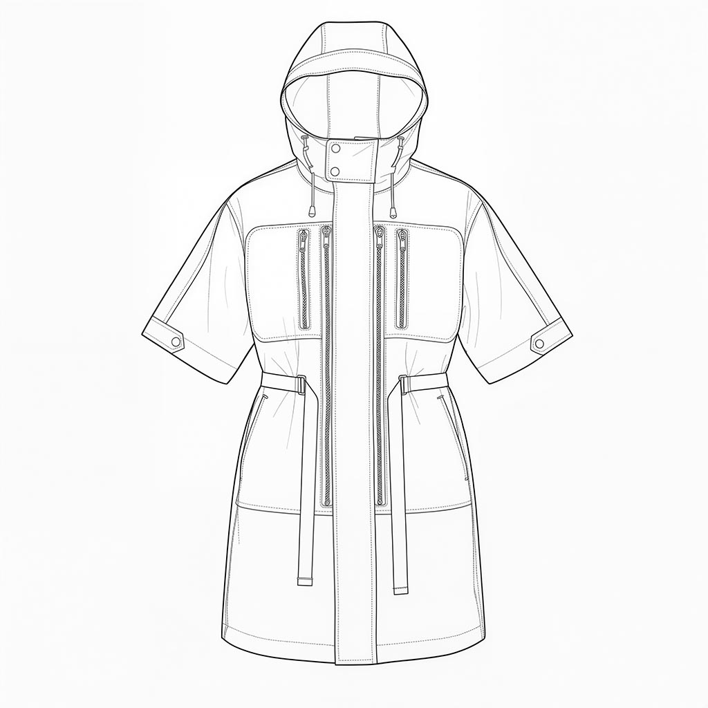 This image shows a technical fashion flat sketch of a hooded jacket. The design features short sleeves with snap-tab cuffs, a front zipper closure, vertical chest zip pockets, and waist cinch drawstrings for adjustable fit. The hood includes drawcord details for functionality and style. This detailed outerwear fashion CAD drawing is ideal for fashion designers, tech pack creators, and apparel developers looking for modern parka or utility jacket inspiration.
