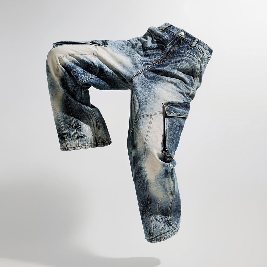 This image shows a pair of bleached denim cargo pants with a distressed wash effect and utility pocket detailing. The jeans feature relaxed, wide-leg proportions, contrast stitching, and a mid-rise waistband with belt loops and button closure. Designed with functional side flap pockets and reinforced seam lines, this piece combines workwear inspiration with modern streetwear aesthetics. Perfect reference for fashion designers, denim developers, and apparel visualization projects.