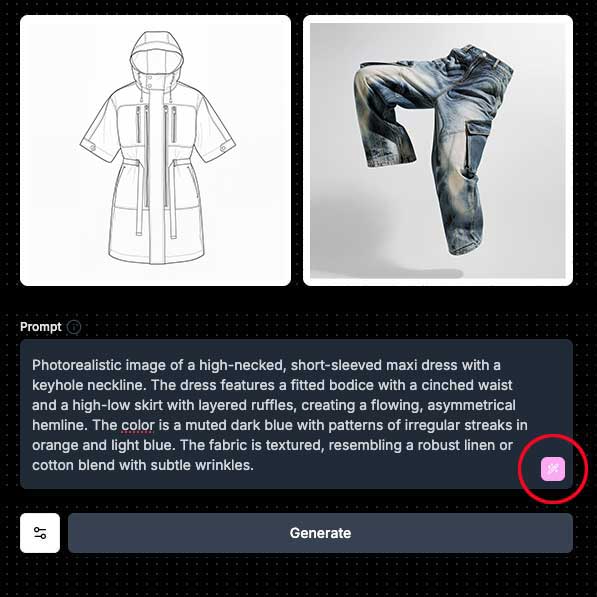 Screenshot showing an AI fashion design interface generating clothing visuals. The image displays two outputs — a technical sketch of a hooded jacket and a photorealistic render of bleached denim cargo pants. Below, a text prompt describes a digital fashion generation request for a unique parka denim design. This setup represents AI-assisted fashion design workflows, where text-to-image tools translate creative prompts into visual garment concepts.