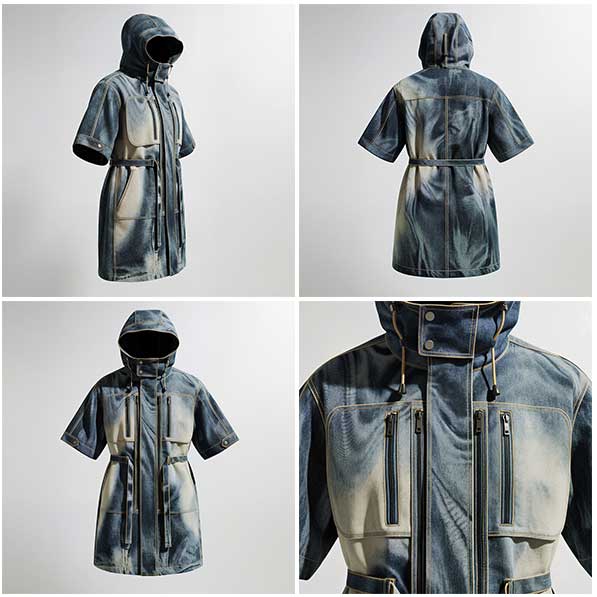 Composite image showcasing a bleached denim short-sleeve hooded parka jacket from multiple angles — front, back, side, and close-up. The garment features a structured hood with drawcords, vertical zip chest pockets, and a belted waist. The fabric has a unique washed indigo effect with light fade transitions and contrast topstitching. This 3D-rendered presentation highlights technical garment detailing for digital fashion design and outerwear development.