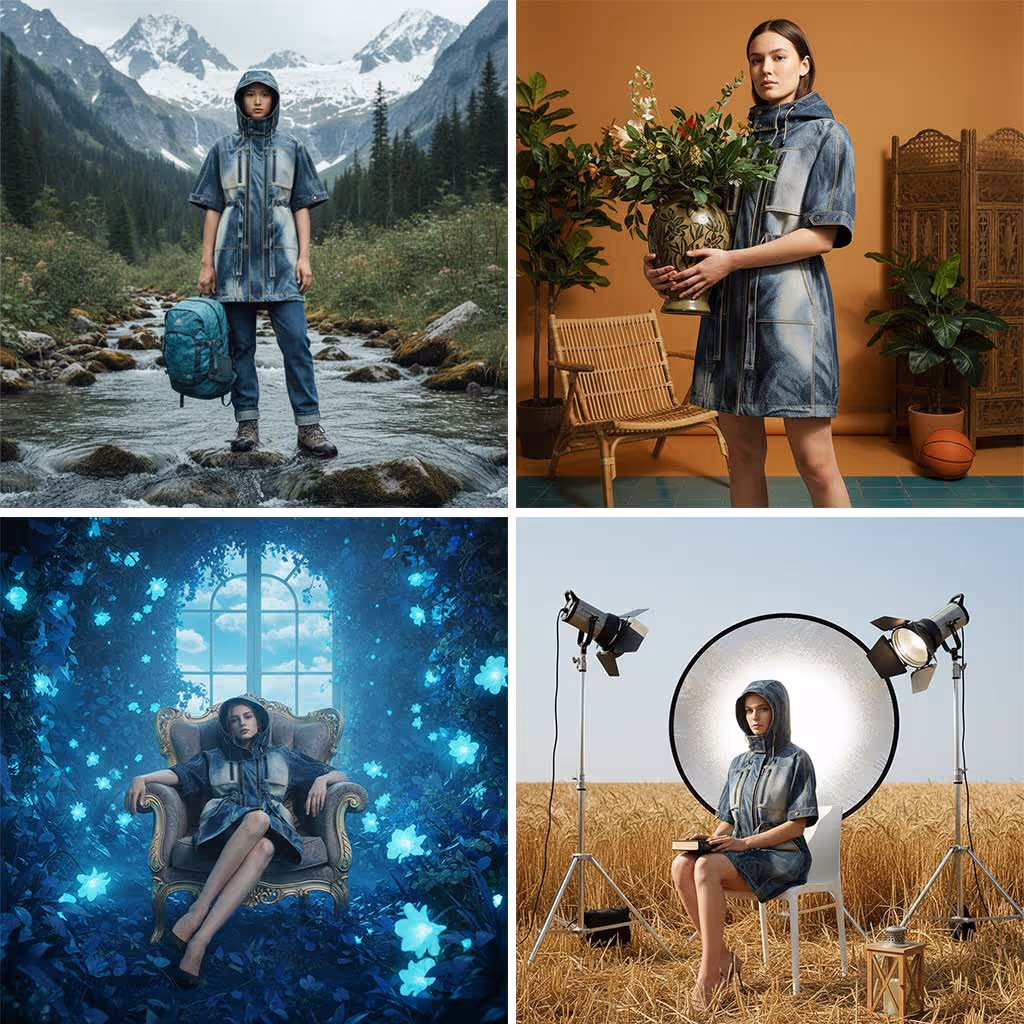 Four images of a woman modeling a blue denim hooded coat in varied settings: standing in a mountain stream with backpack, indoors holding a floral vase, seated on an armchair in a glowing blue floral room, and sitting on a chair in a wheat field with studio lights.