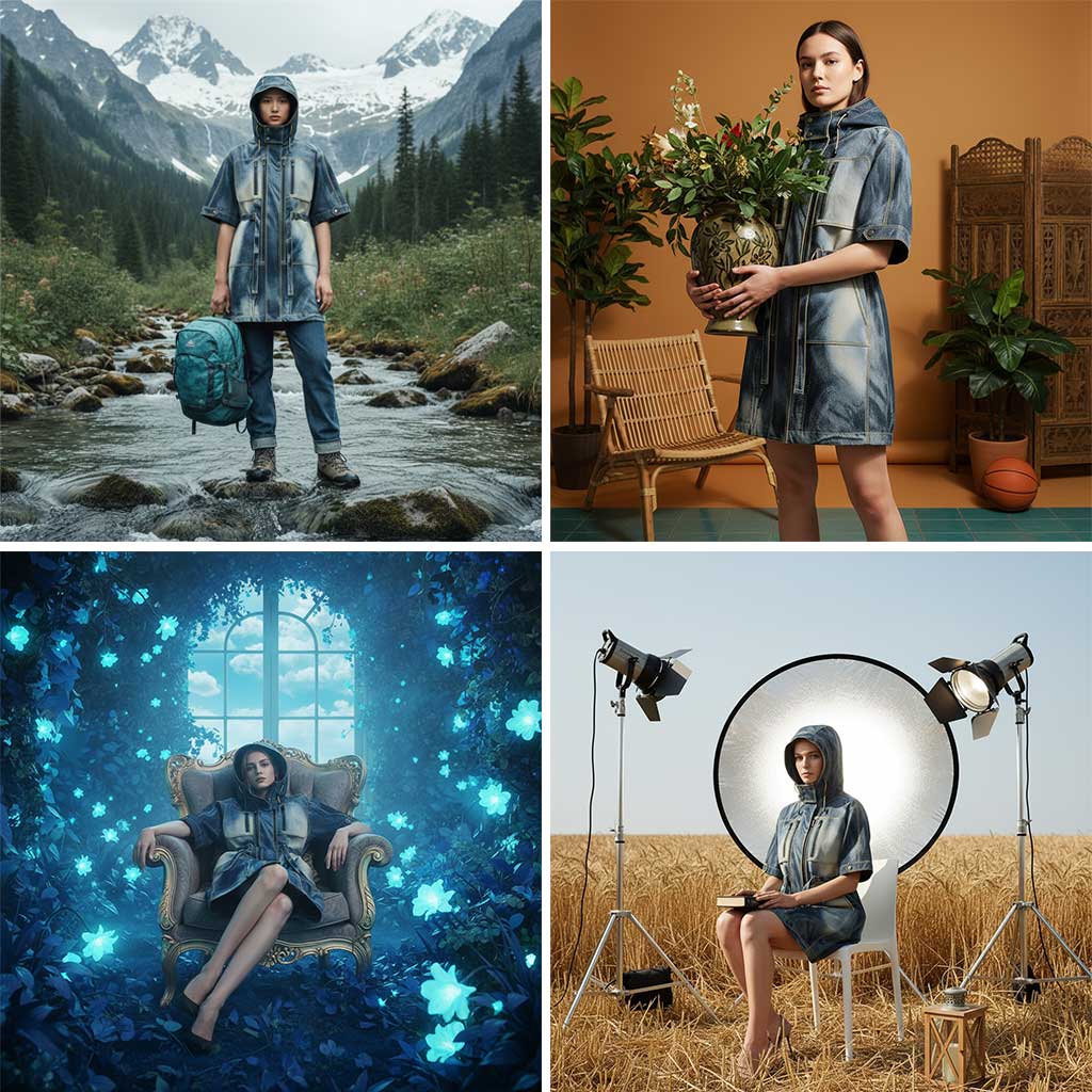 Four images of a woman modeling a blue denim hooded coat in varied settings: standing in a mountain stream with backpack, indoors holding a floral vase, seated on an armchair in a glowing blue floral room, and sitting on a chair in a wheat field with studio lights.