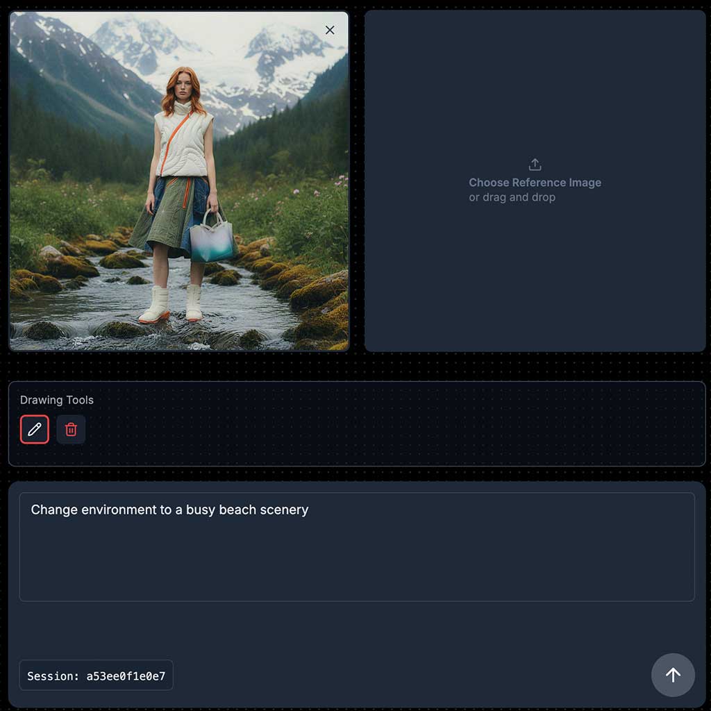 Red-haired woman wearing white boots and layered clothing standing on rocks in a mountain stream with snow-covered peaks in the background. Screenshot of The Fabricant Intelligent Tools Edit Tool