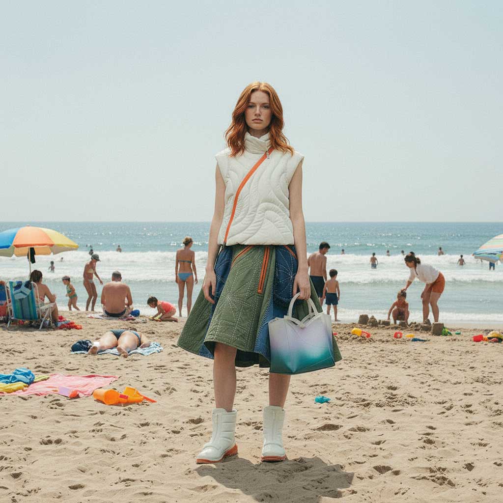 Red-haired woman in a quilted vest, green patchwork skirt, white boots, and holding a gradient tote bag standing on a sandy beach with people and umbrellas near the ocean in the background. Results from The Fabricant Intelligent Tools Edit Tool