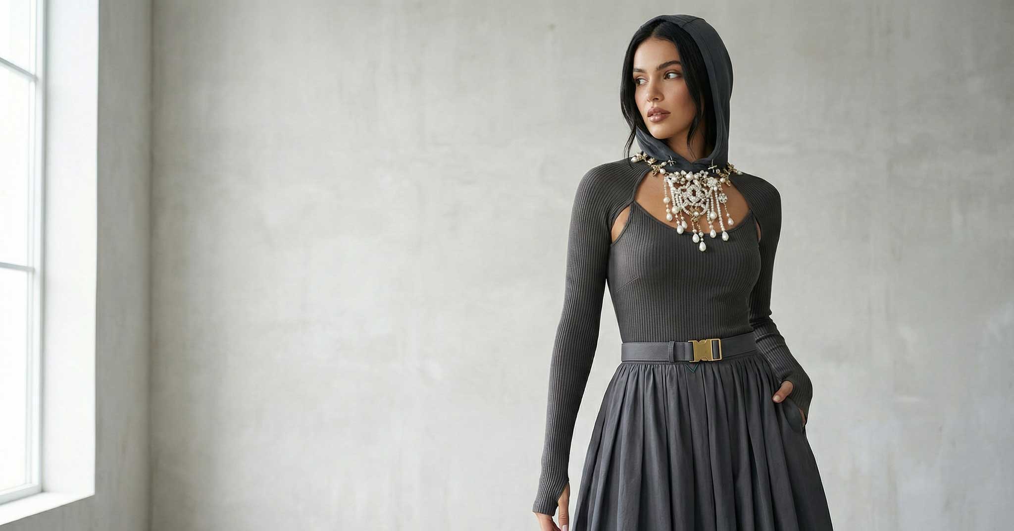 Fashion model wearing a dark hooded top with cutouts, an ornate pearl necklace, and a pleated skirt with belt, standing near a window.