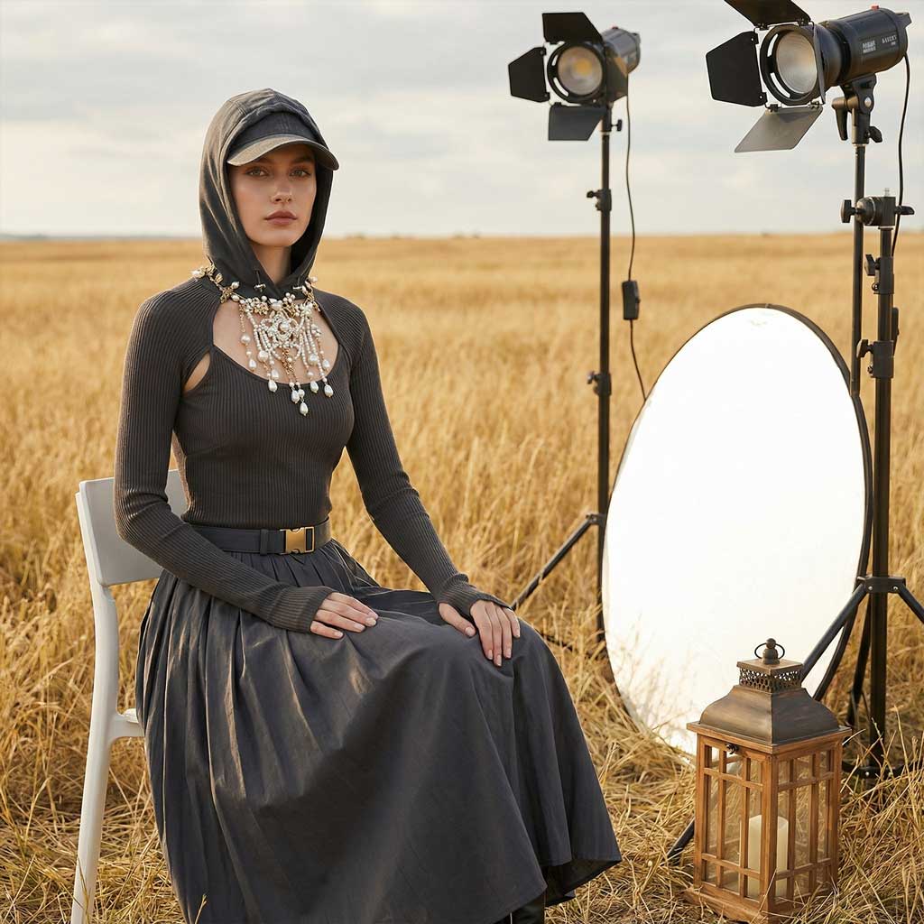 Woman in a dark hooded top and long skirt sitting on a white chair in a wheat field with studio lights and a lantern nearby.
