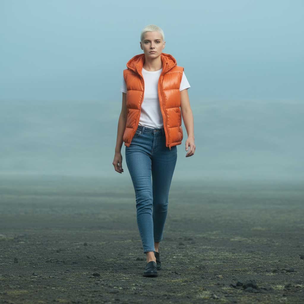 Woman with short blonde hair wearing an orange puffer vest, white t-shirt, and jeans walking on a rocky terrain with a foggy background. Created with The Fabricant Intelligent Tools - Edit Tool