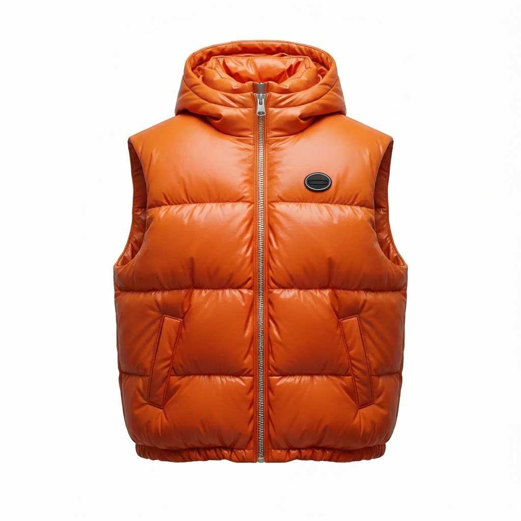 Orange sleeveless puffer vest with a hood and front zipper on a white background. Created with The Fabricant Intelligent Tools - Edit Tool