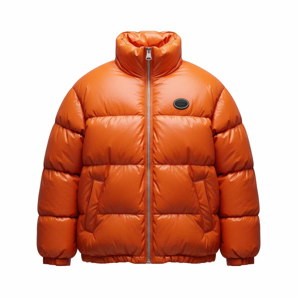 Bright orange puffer jacket with a front zipper, high collar, and two side pockets. Created with The Fabricant Intelligent Tools - Edit Tool