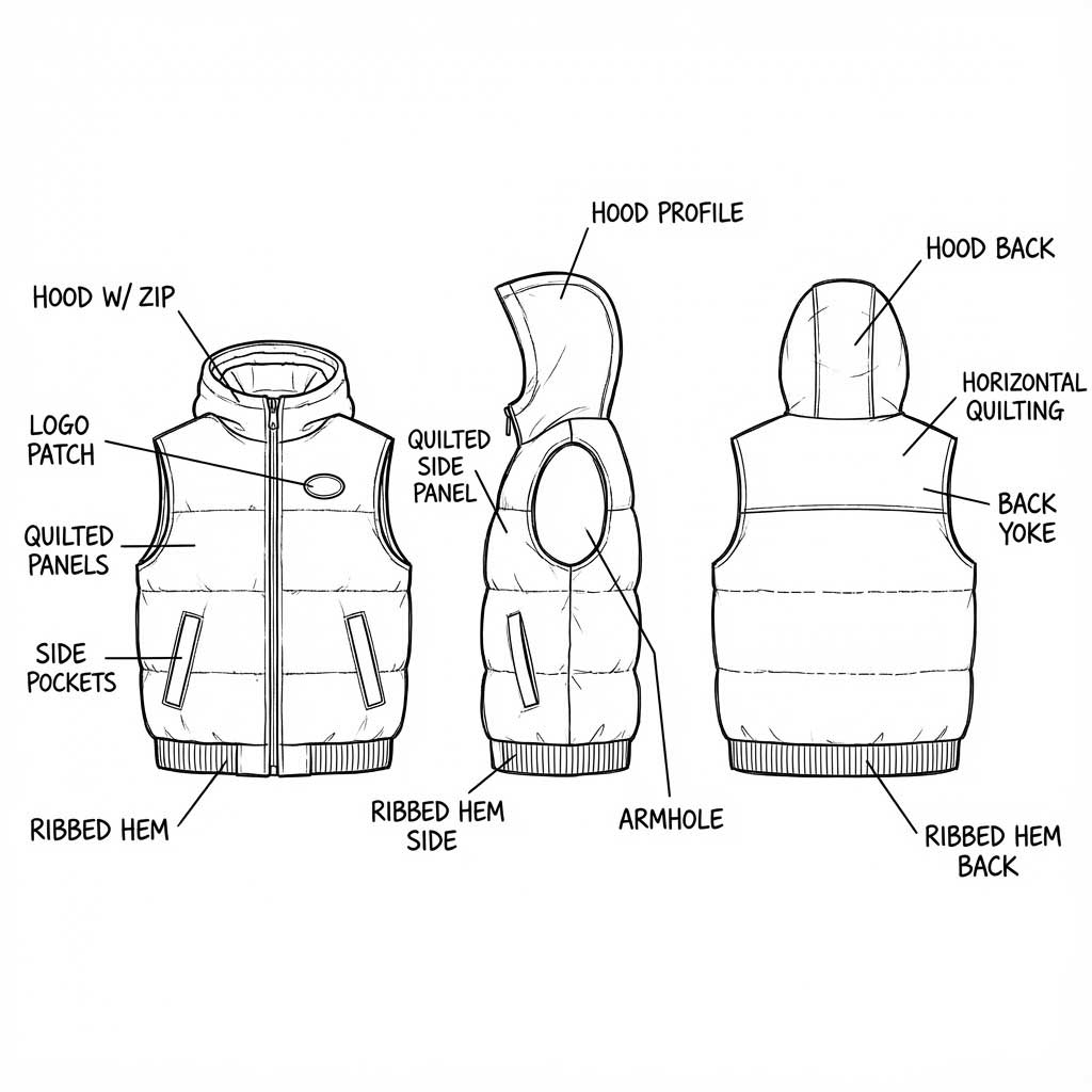 Technical drawing of a sleeveless quilted vest with hood and zipper, showing front, side, and back views with labeled features including hood with zip, logo patch, quilted panels, side pockets, ribbed hem, hood profile, quilted side panel, armhole, hood back, horizontal quilting, and back yoke. Created with The Fabricant Intelligent Tools - Edit Tool