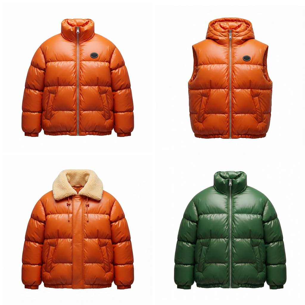 Grid of four puffer jackets: top-left orange with high collar, top-right orange sleeveless with hood, bottom-left orange with shearling collar, bottom-right green with high collar. Created with The Fabricant Intelligent Tools - Edit Tool