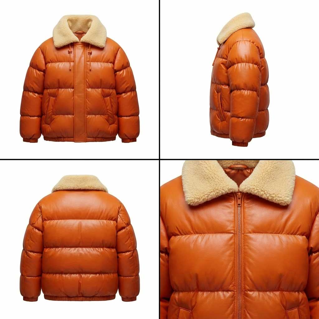 Four views of an orange puffer jacket with a beige sherpa collar, showing front, side, back, and close-up details. Created with The Fabricant Intelligent Tools - Edit Tool