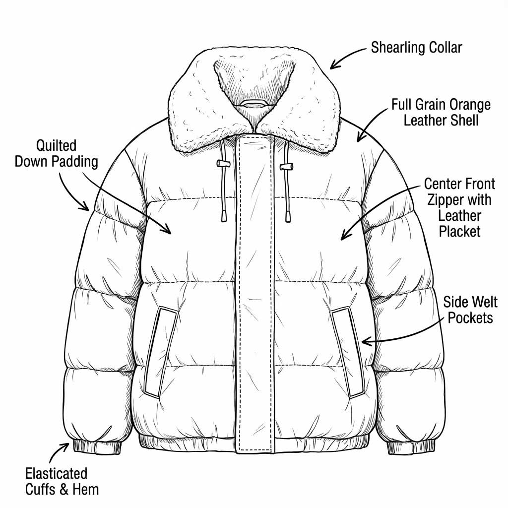 Line drawing of a padded jacket with labeled parts including shearling collar, full grain orange leather shell, center front zipper with leather placket, side welt pockets, quilted down padding, and elasticated cuffs and hem.