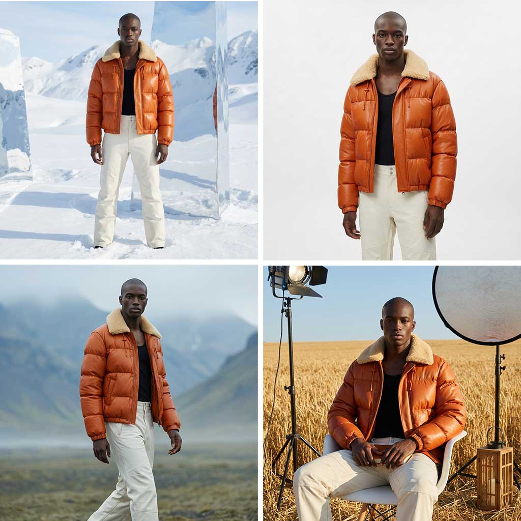 A man wearing an orange puffer jacket with a shearling collar and white pants in four different outdoor and studio settings. Created with The Fabricant Intelligent Tools - Edit Tool