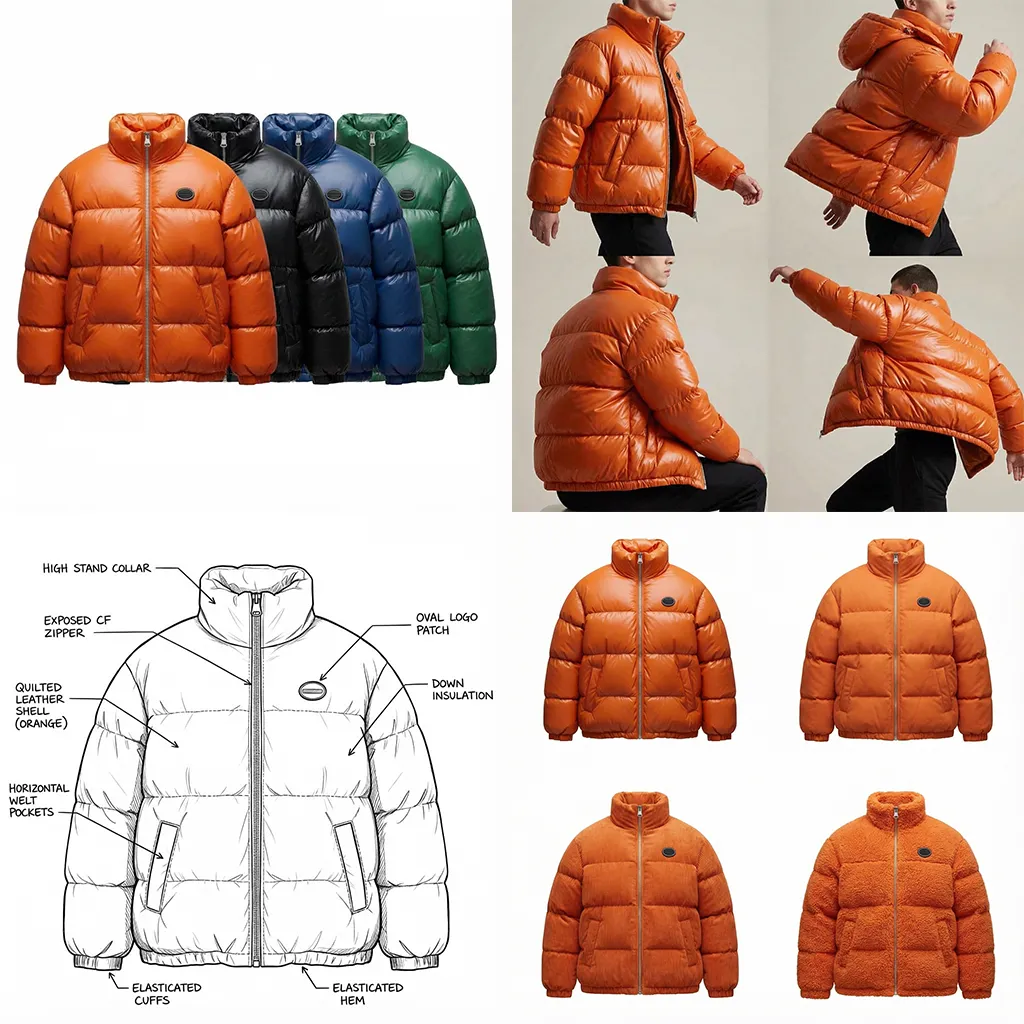 Collection of puffer jackets in orange, black, blue, and green; detailed shots showing an orange jacket's fit and movement; and a sketch highlighting features like high stand collar, exposed zipper, oval logo patch, quilted leather shell, down insulation, horizontal welt pockets, elasticated cuffs, and hem. Made with The Fabricant Intelligent Tools
