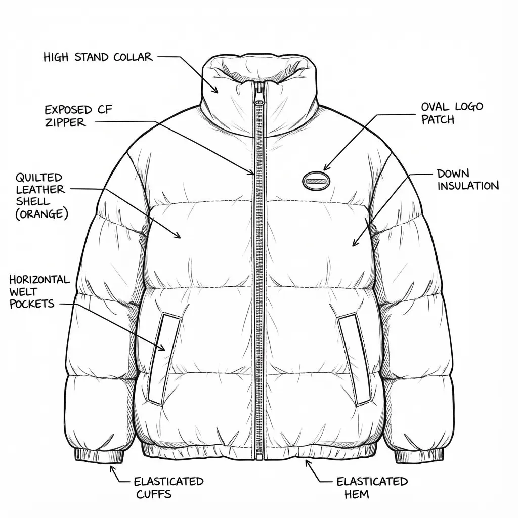 Technical sketch of a puffer jacket labeled with features including high stand collar, exposed central zipper, quilted leather shell in orange, horizontal welt pockets, elasticated cuffs and hem, oval logo patch, and down insulation. Made with The Fabricant Intelligent Tools