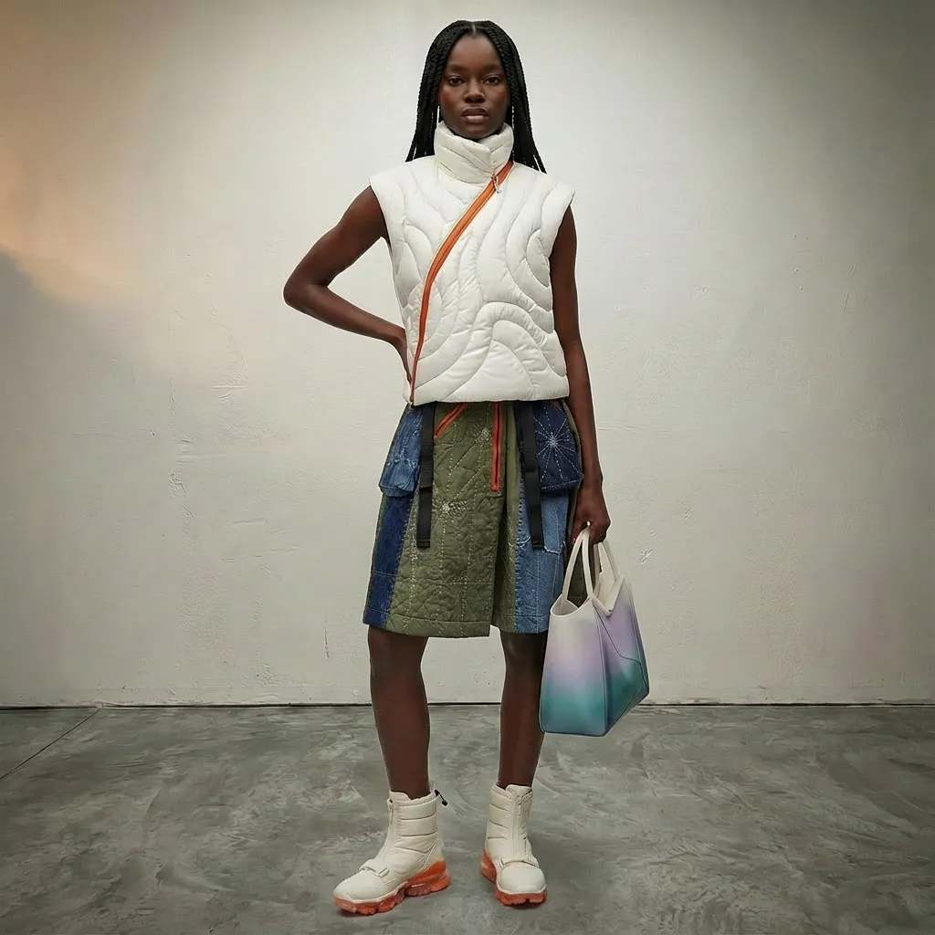 Woman wearing a sleeveless quilted cream vest with an orange diagonal zipper, a patchwork skirt with denim and olive green sections, white boots with orange soles, and holding a gradient pastel tote bag. Made with The Fabricant Intelligent Tools