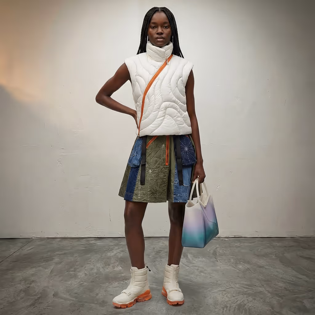 Fashion model wearing a sleeveless white quilted vest with an orange zipper, a patchwork skirt, white boots with orange soles, and holding a gradient handbag. Made with The Fabricant Intelligent Tools