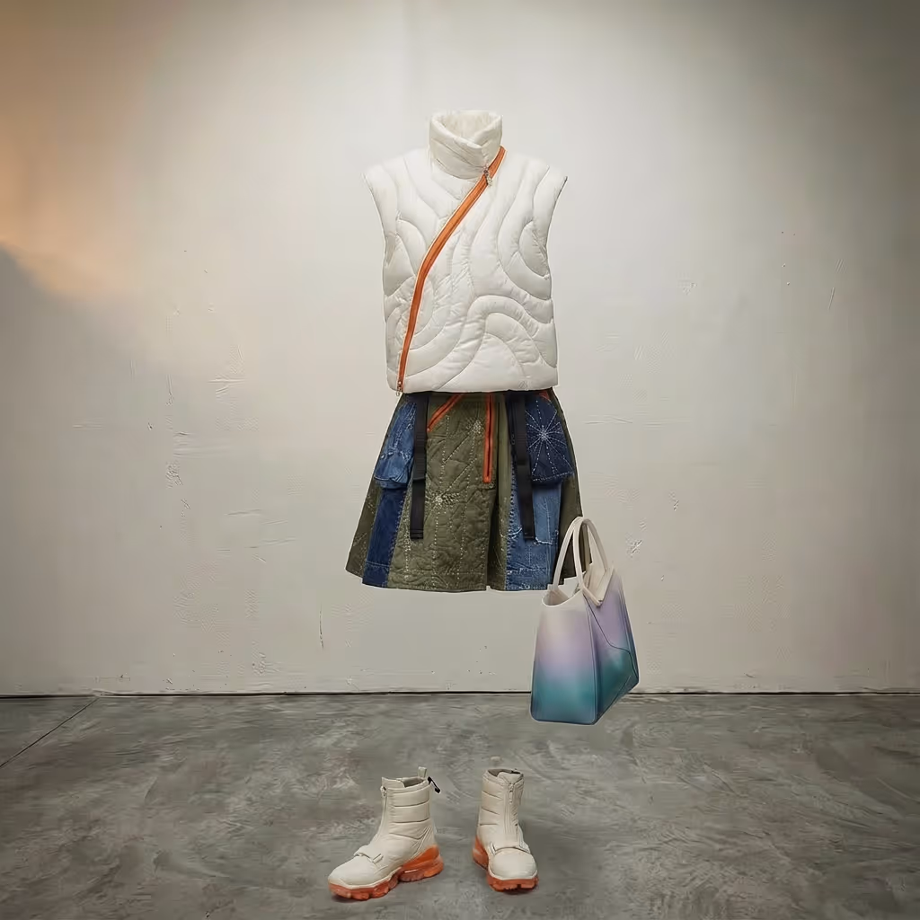 White quilted sleeveless jacket with diagonal orange zipper, patchwork quilted skirt with green and denim panels and orange zippers, cream boots with translucent orange soles, and a gradient pastel handbag on a polished concrete floor. Made with The Fabricant Intelligent Tools