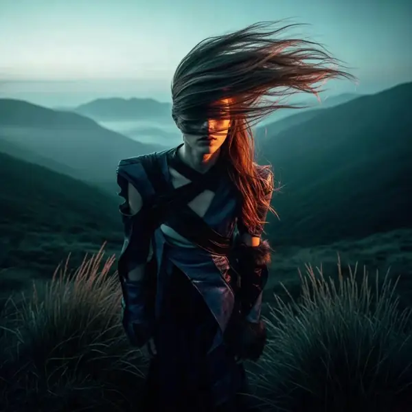 Person standing on a grassy hill with wind blowing their long hair across their face against a backdrop of layered mountain ridges at dusk. Made with The Fabricant Image-To-Video tool