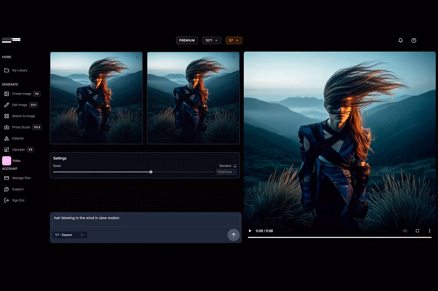 AI image editing interface showing a woman with hair blowing in the wind against a mountain landscape in slow motion. The Fabricant Image-To-Video Tool Page