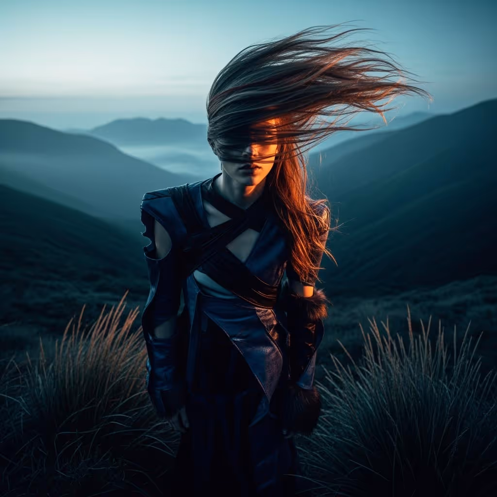 Person standing outdoors among tall grass with long hair blowing in the wind and mountains in the background at dusk. Made with The Fabricant Create Image tool