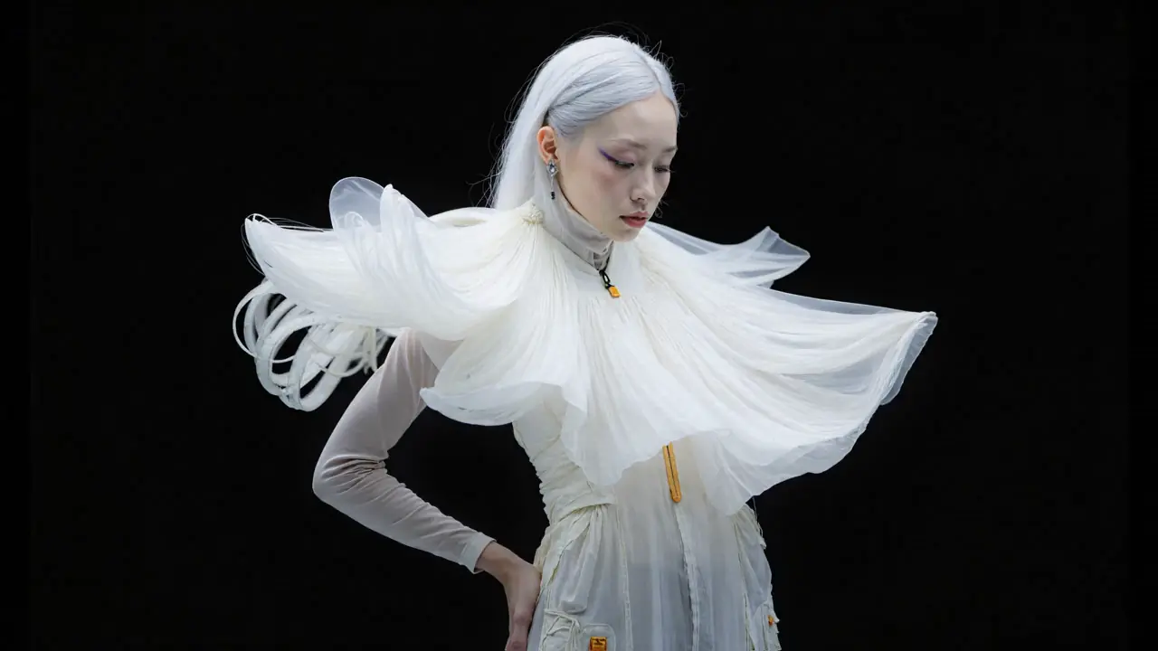 Fashion model with long white hair wearing a flowing white dress with voluminous ruffled collar against a black background. Made with The Fabricant Image-To-Video
