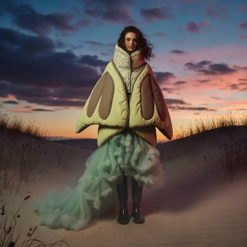 Woman in a large quilted jacket with intricate patterns and a long, ruffled green tulle skirt standing on a sandy landscape at sunset. Made with The Fabricant Image-To-Video tool