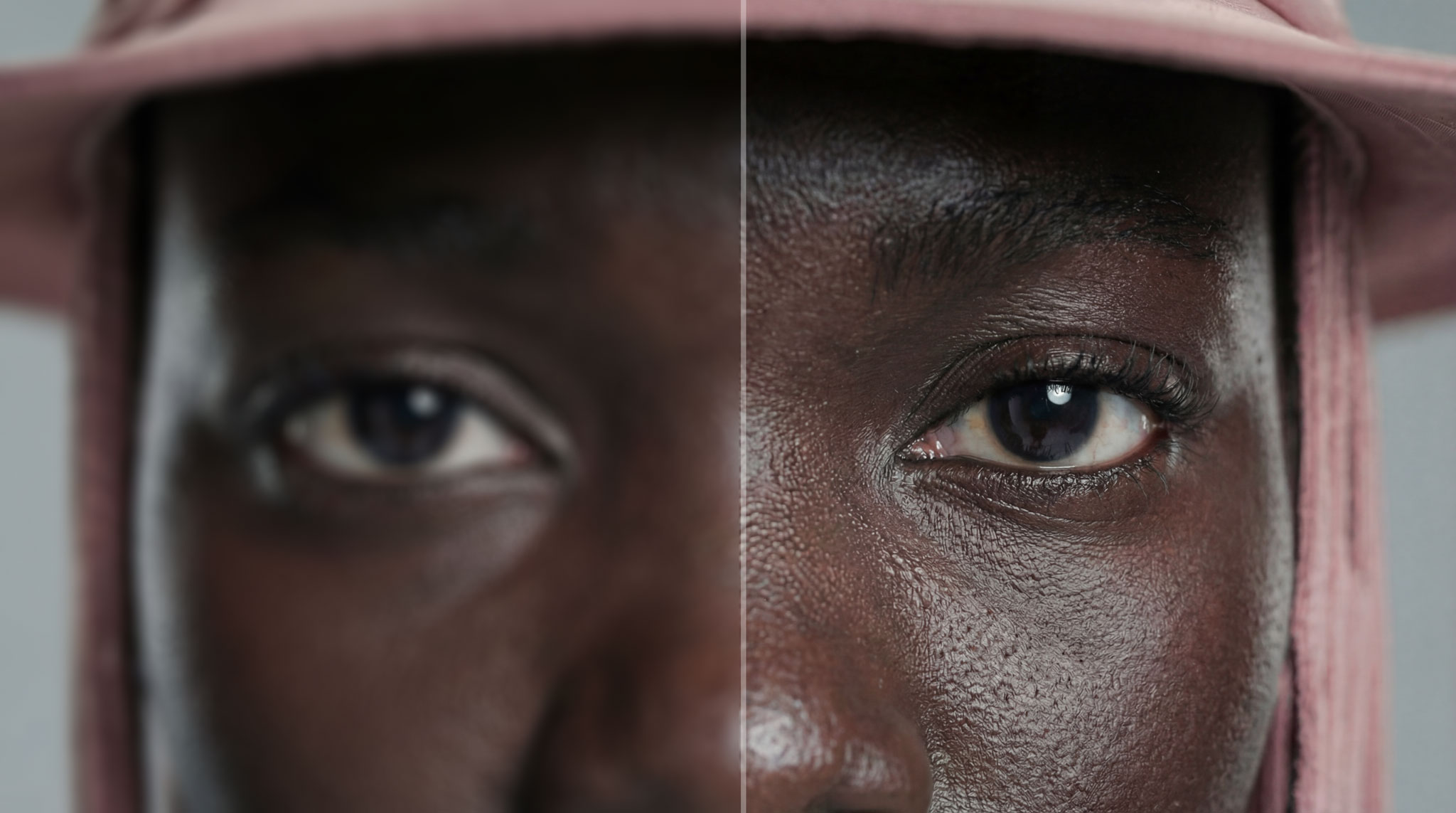 Close-up of a person's eye and skin with a vertical split showing before and after skin texture enhancement. Made with The Fabricant Upscaler