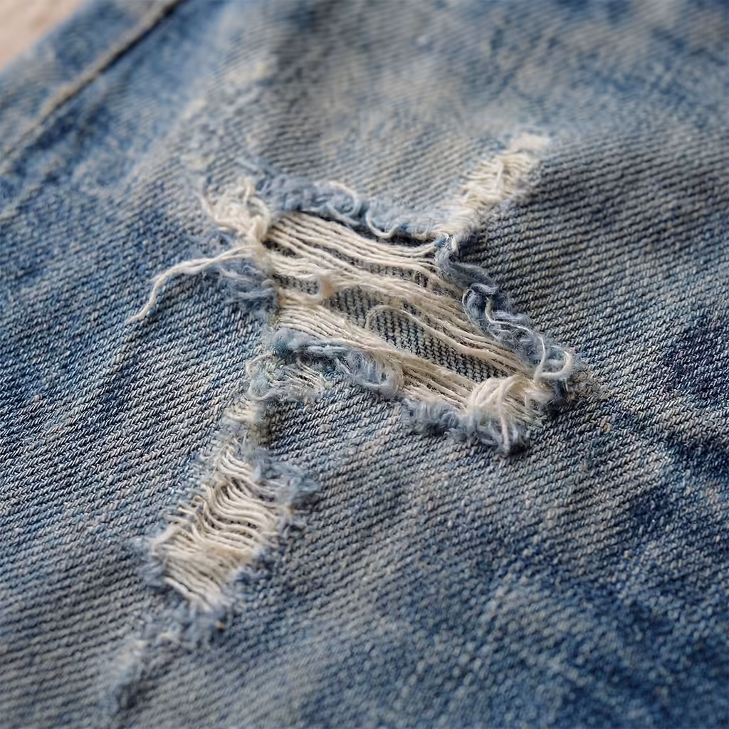 Close-up of distressed blue denim fabric with frayed, torn threads. Made with The Fabricant Upscaler tool