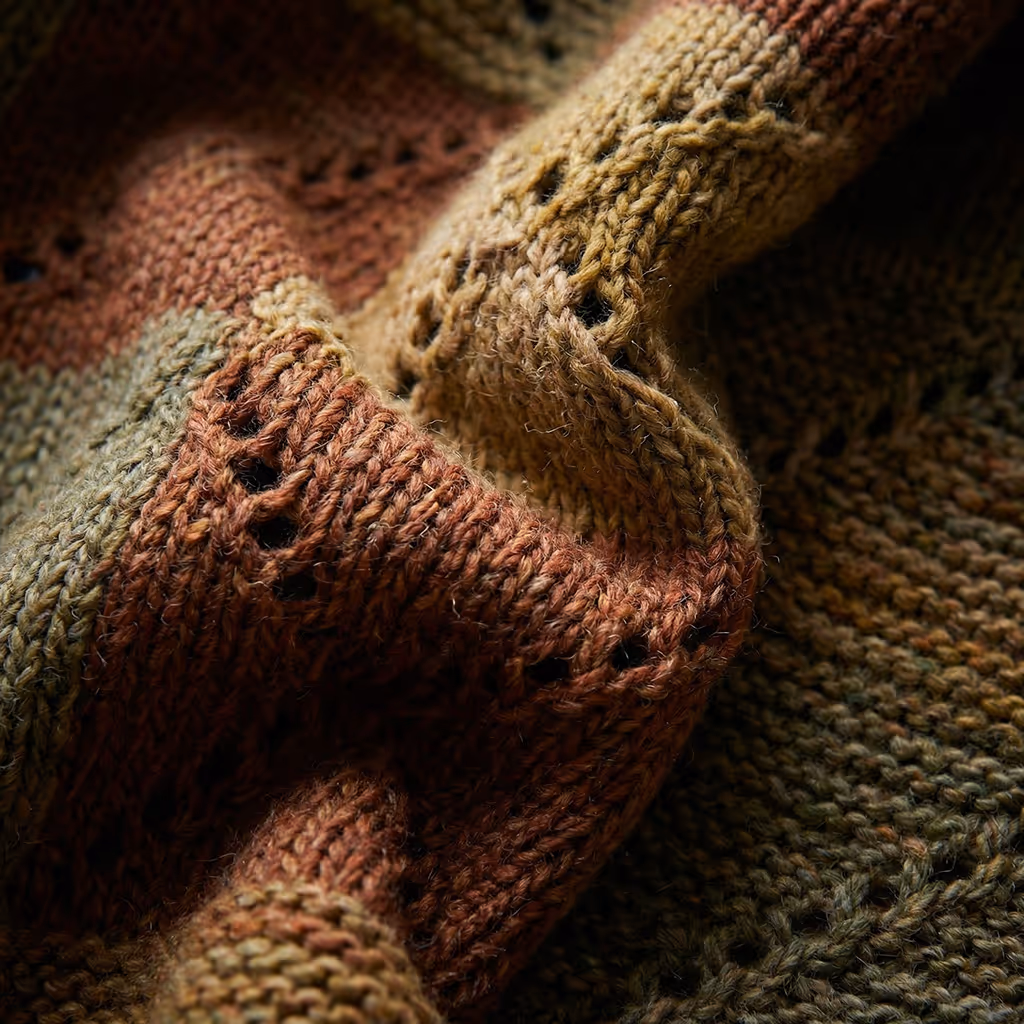Close-up of soft knitted fabric with stripes in earthy tones of brown, yellow, and green. Made with The Fabricant Upscaler tool
