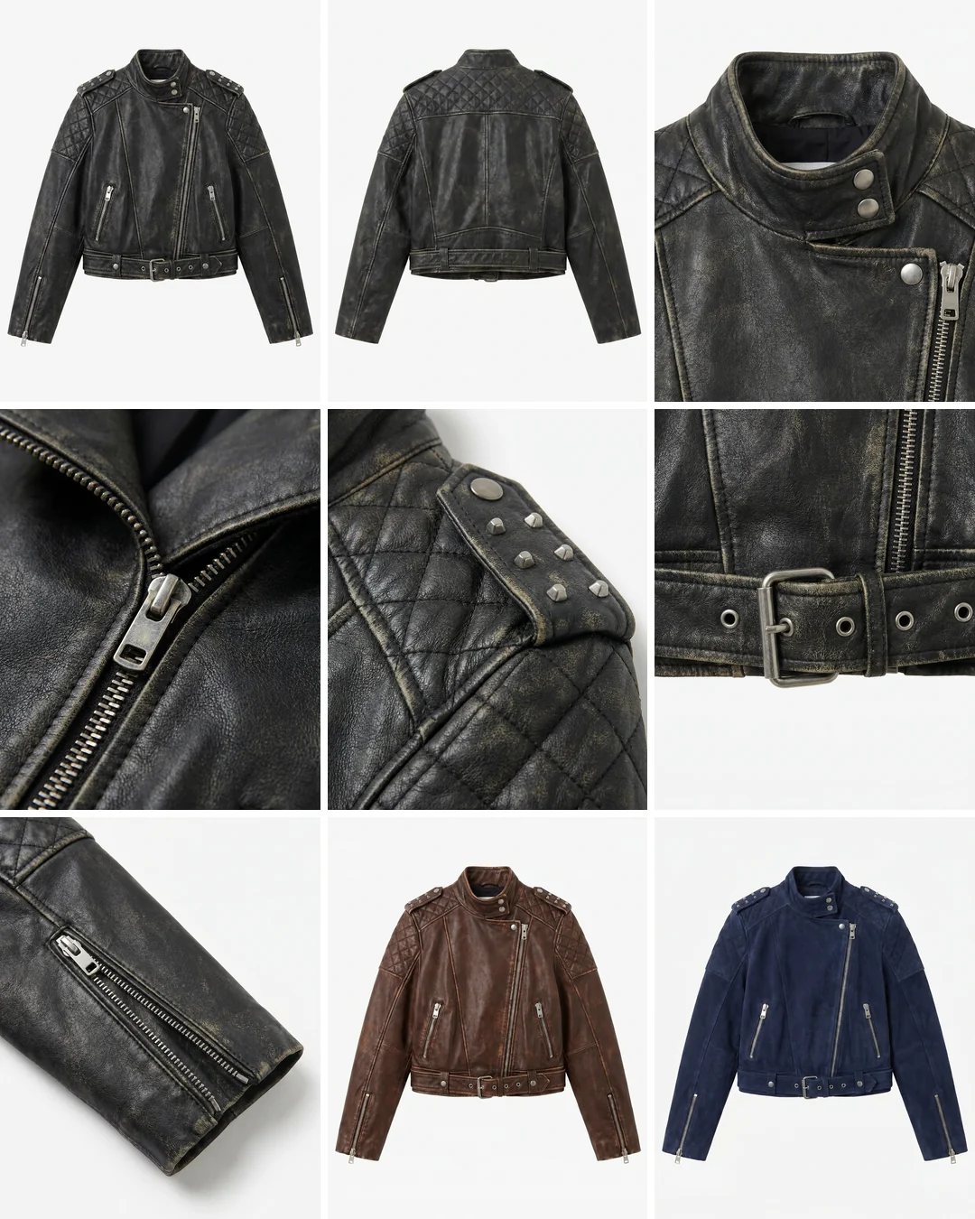 Nine e-commerce deliverables generated from one design file: full views, detail crops and colourways