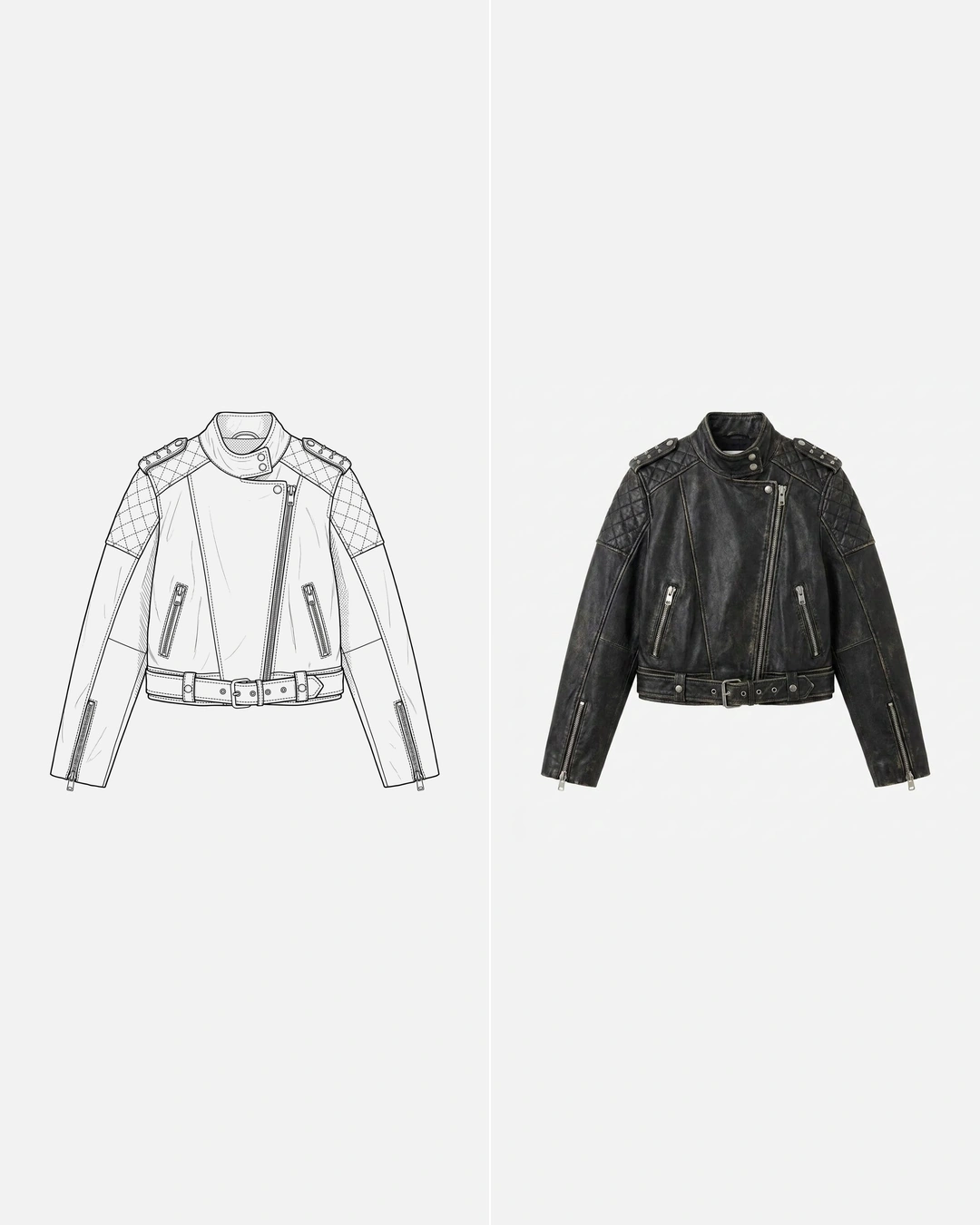 Design sketch and finished product imagery of the same jacket, side by side