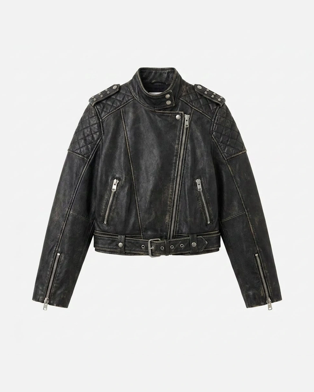 The same leather biker jacket as photorealistic product imagery, generated by The Fabricant