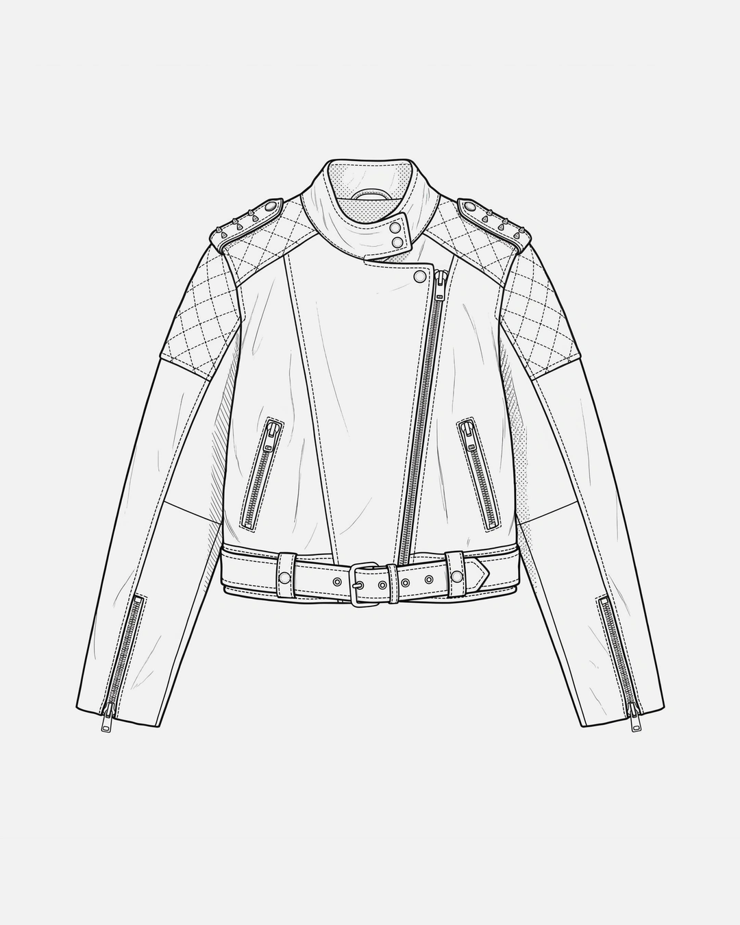 Technical sketch of a leather biker jacket — the design file