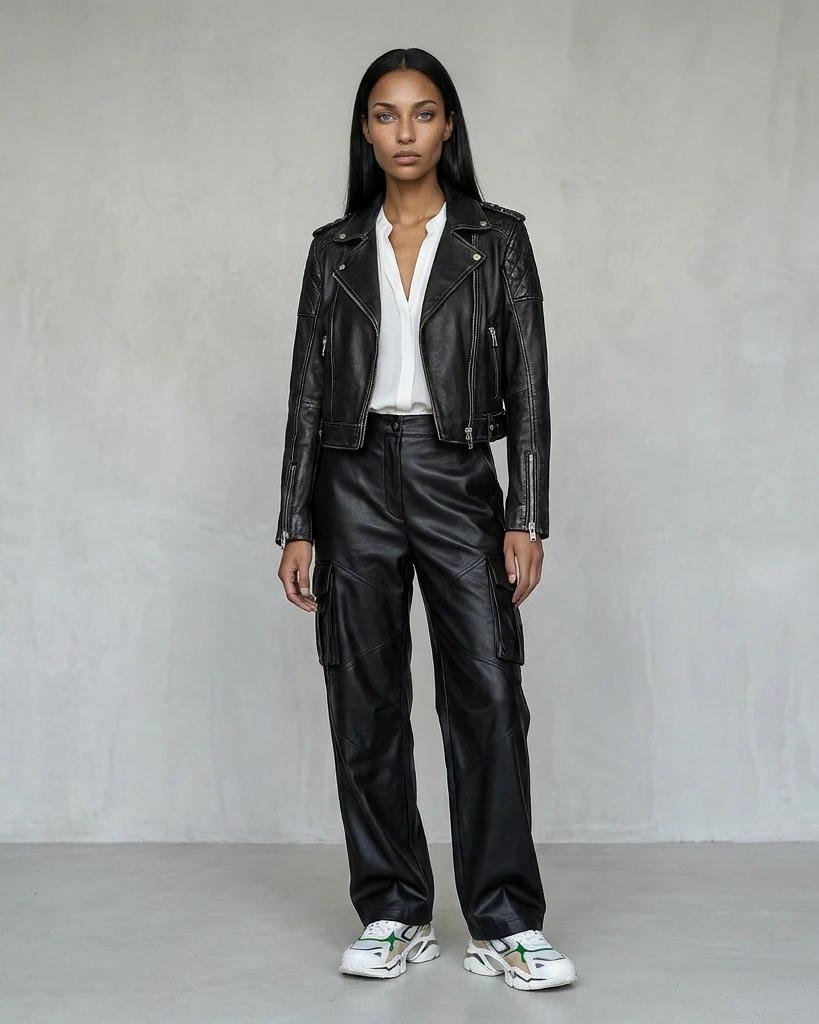 Model wearing the same leather jacket in black — identical pose, lighting and styling across every colourway