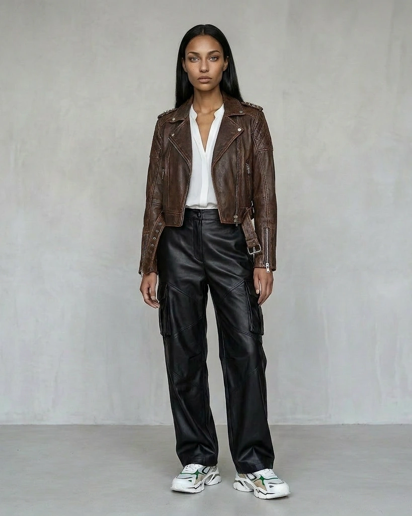 Model wearing the same leather jacket in brown — identical pose, lighting and styling across every colourway