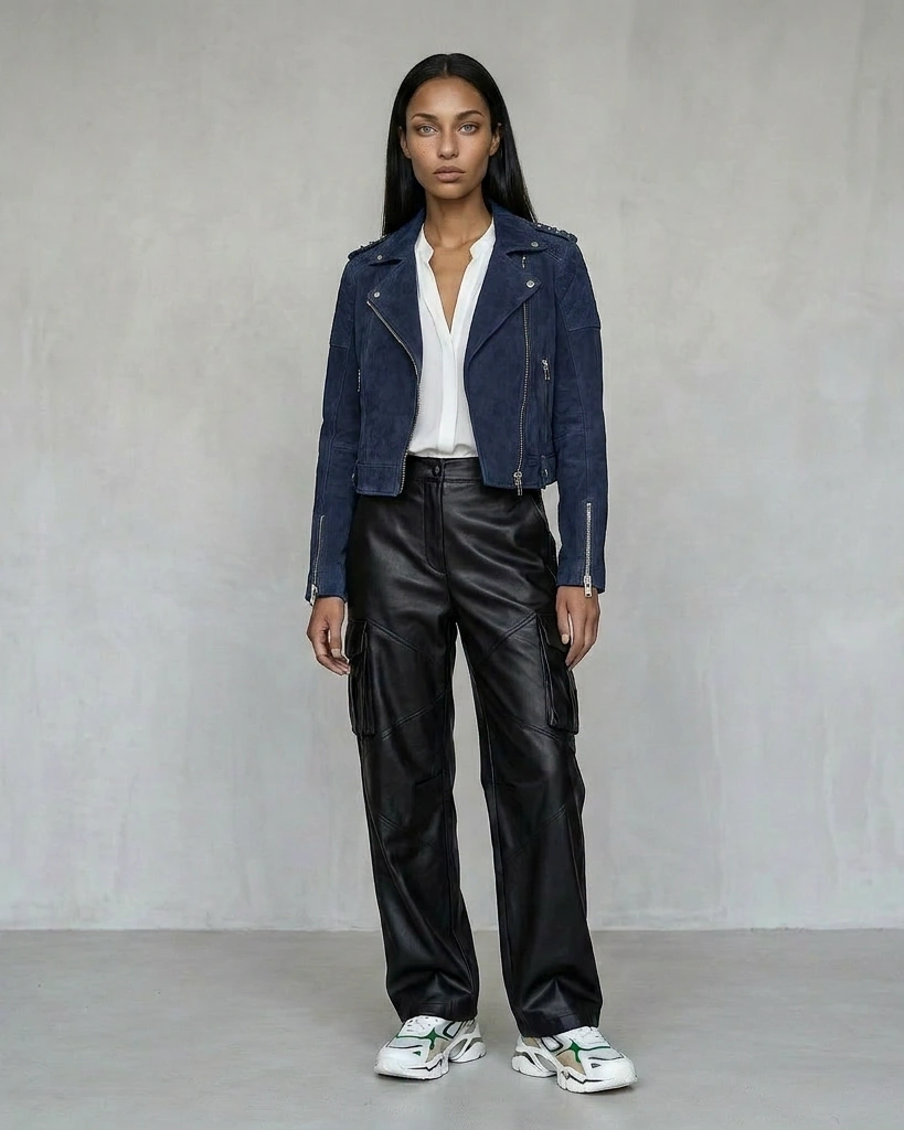 Model wearing the same leather jacket in navy — identical pose, lighting and styling across every colourway