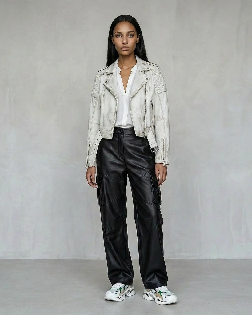 Model wearing the same leather jacket in white — identical pose, lighting and styling across every colourway