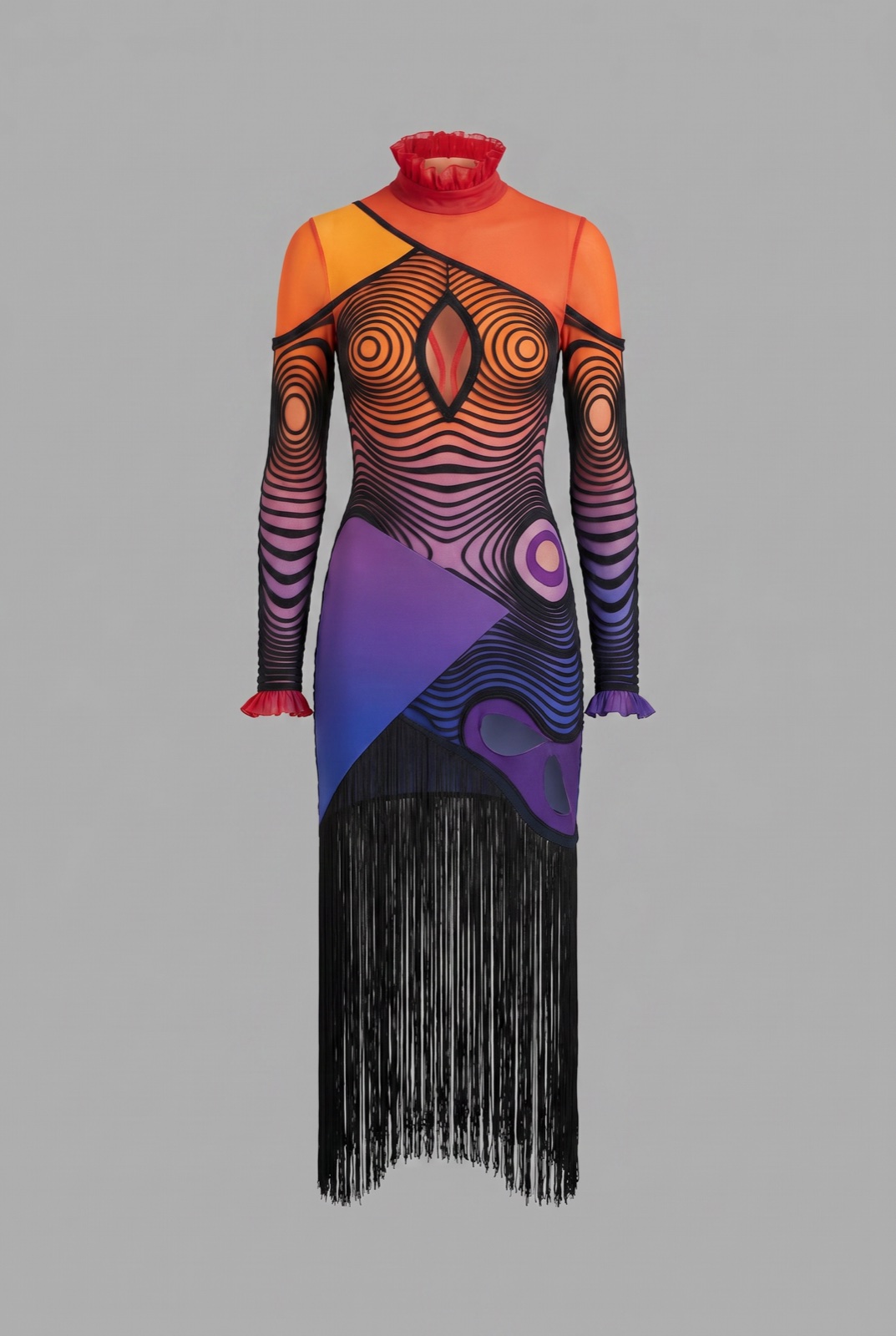 The source garment, a gradient fringed dress, as a flat product shot, the design file behind the campaign imagery