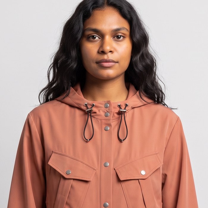 Model wearing the terracotta hooded dress, bust view
