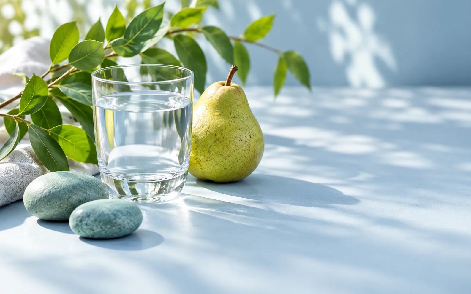 Fresh pear, water and green leaves in soft natural light