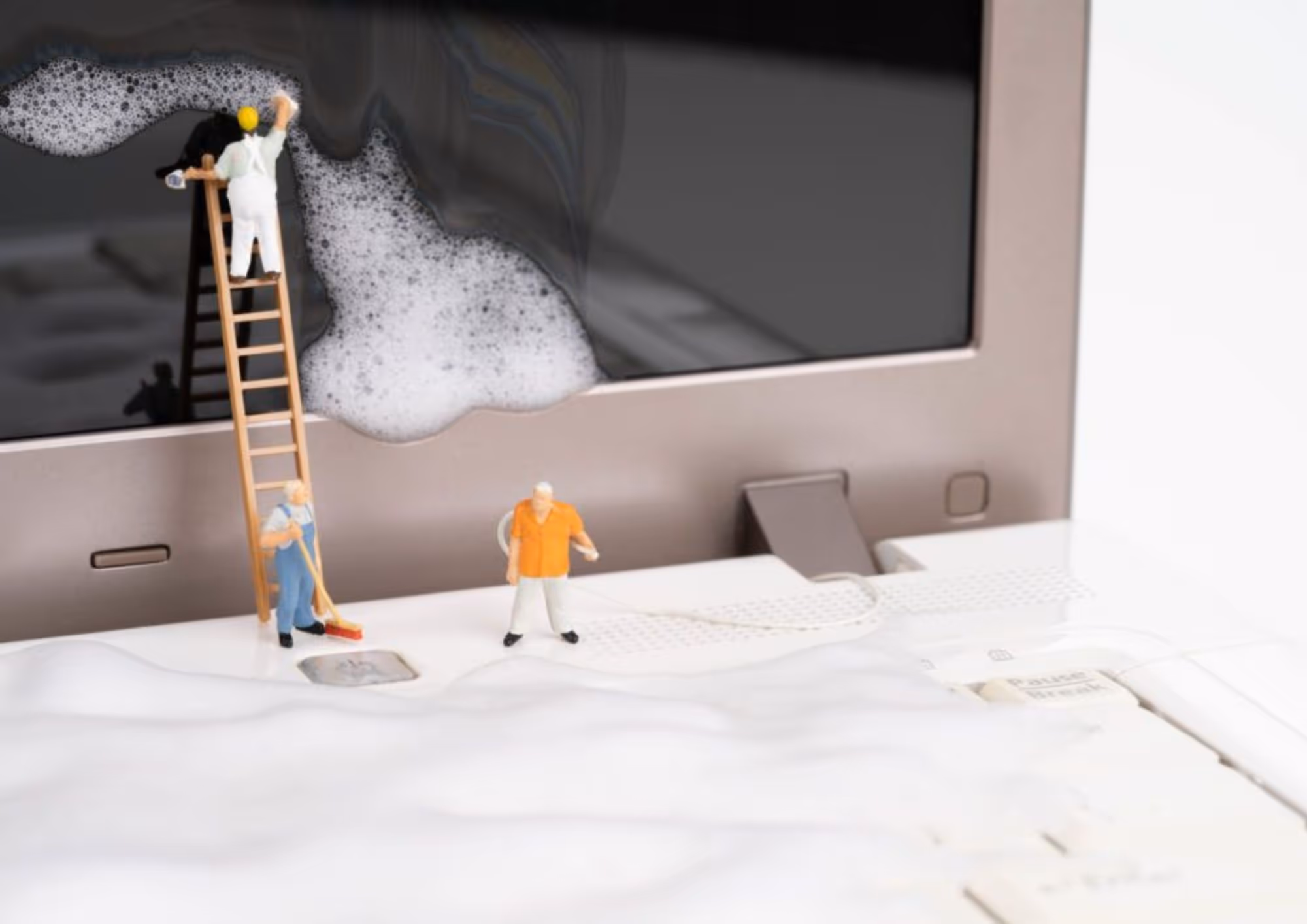 Small toy figures are posed as if using soap bubbles to clean a laptop computer screen and keyboard.